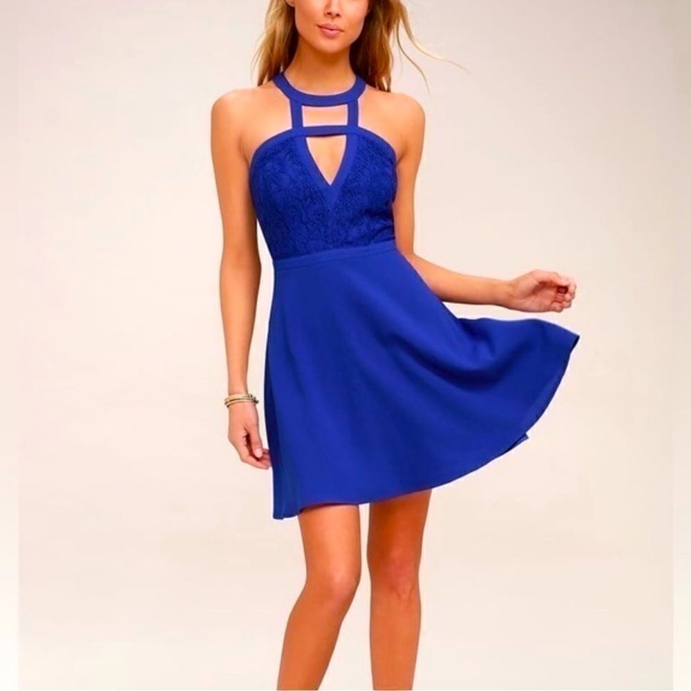 Lulu’s All My Daydreams Cobalt Blue Lace Skater Dress size S
